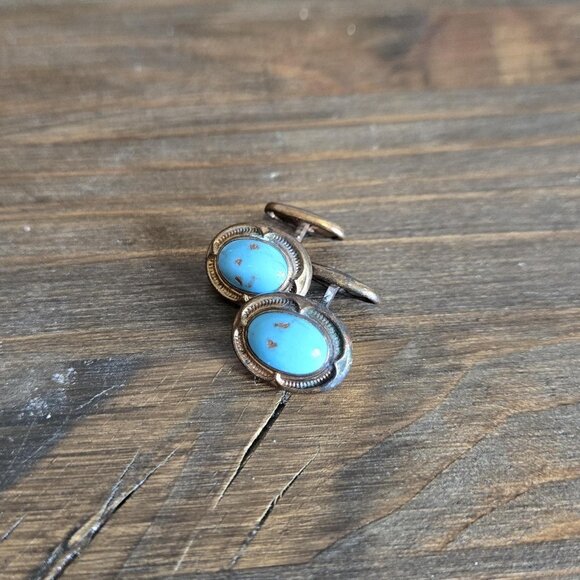 Copper & Turquoise Southwestern Style Cufflinks Vintage Western Rodeo Accessory - Picture 4 of 6